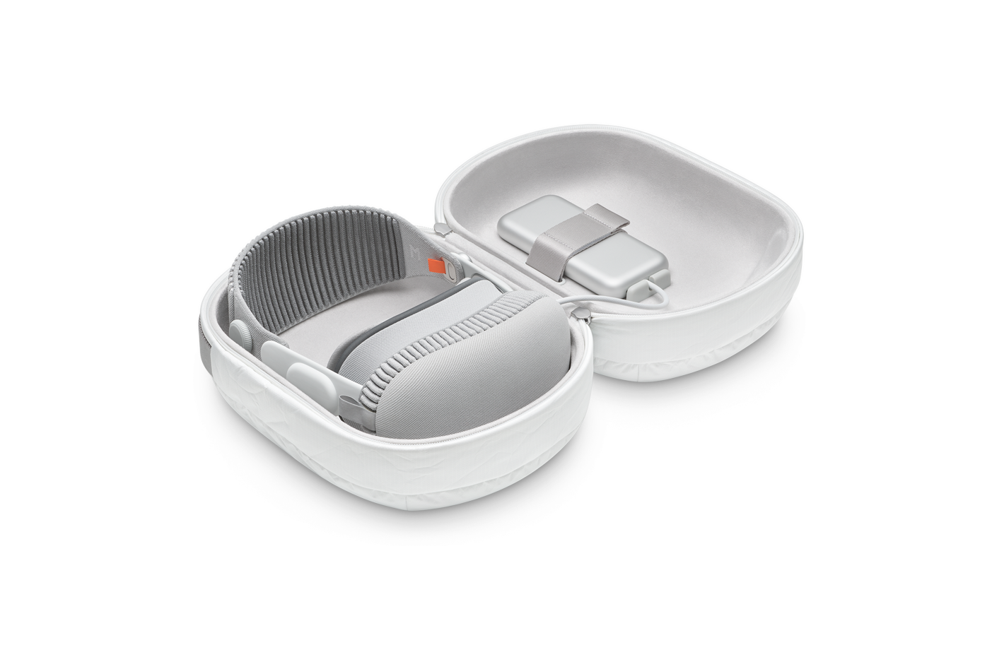 Interior, open oval Travel Case containing Apple Vision Pro assembled with Solo Knitted Band, grey cover, Battery and Power Cable secured by strap