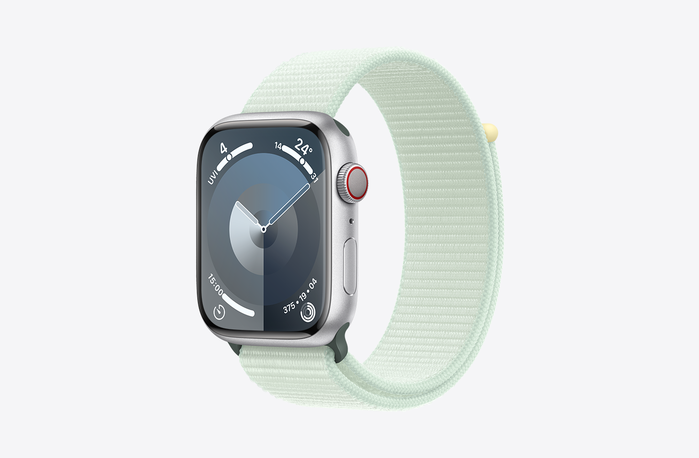 Apple Watch with Silver Aluminium case with matt finish and angled view of Soft Mint (green) Sport Loop, featuring a hook-and-loop fastener and double-layer nylon weave