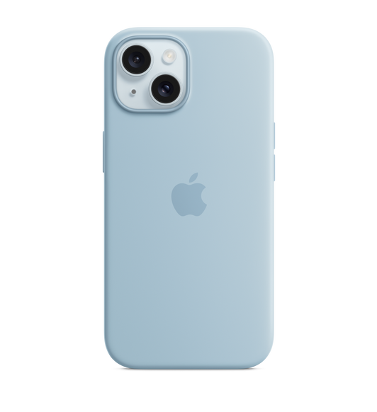 iPhone 15 Silicone Case with MagSafe in Light Blue, embedded Apple logo in centre, attached to iPhone 15 Blue finish, seen through camera cut-out.