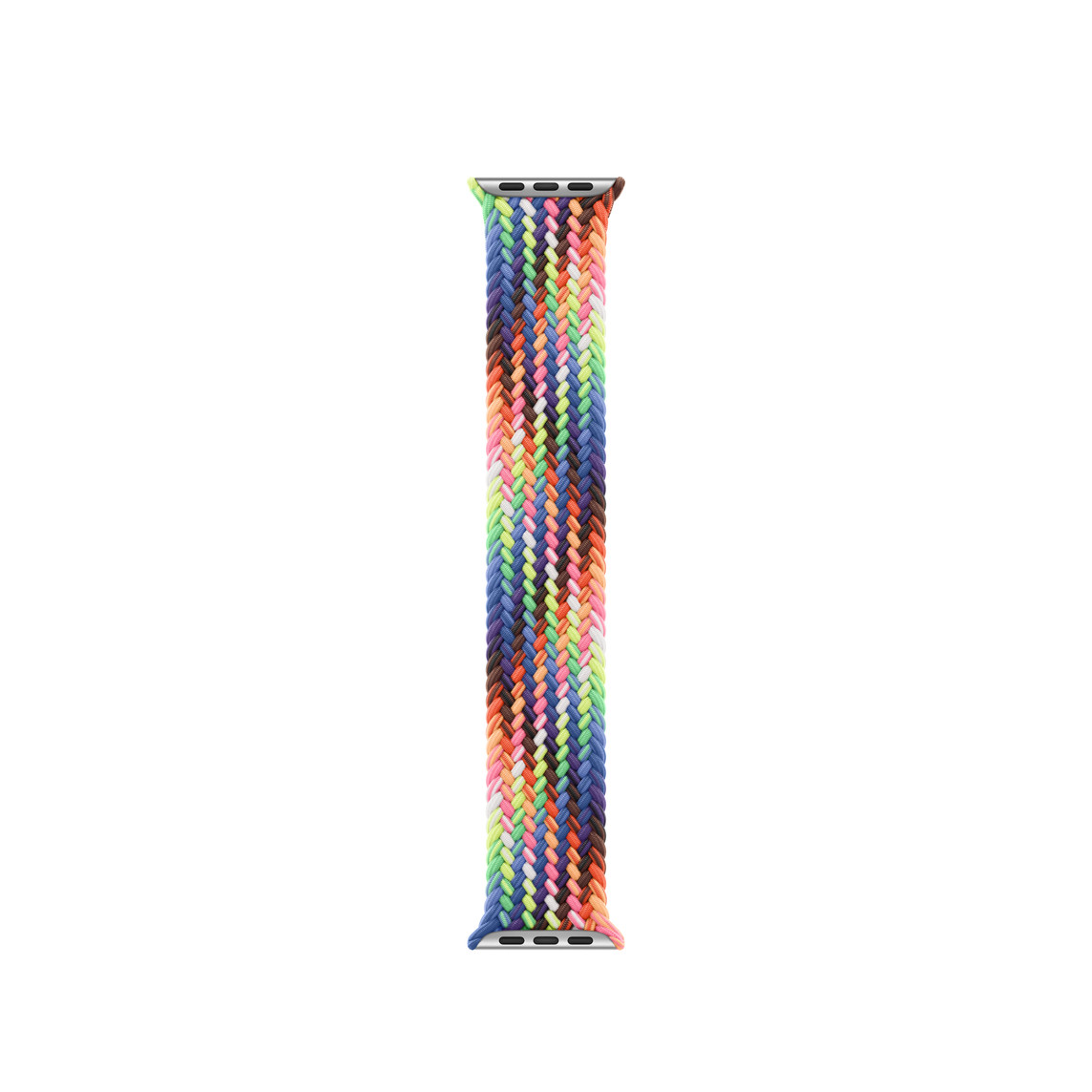 Pride Edition Braided Solo Loop band, threads woven in a neon array of colours inspired by the vibrant rainbow Pride flag, with no clasps or buckles