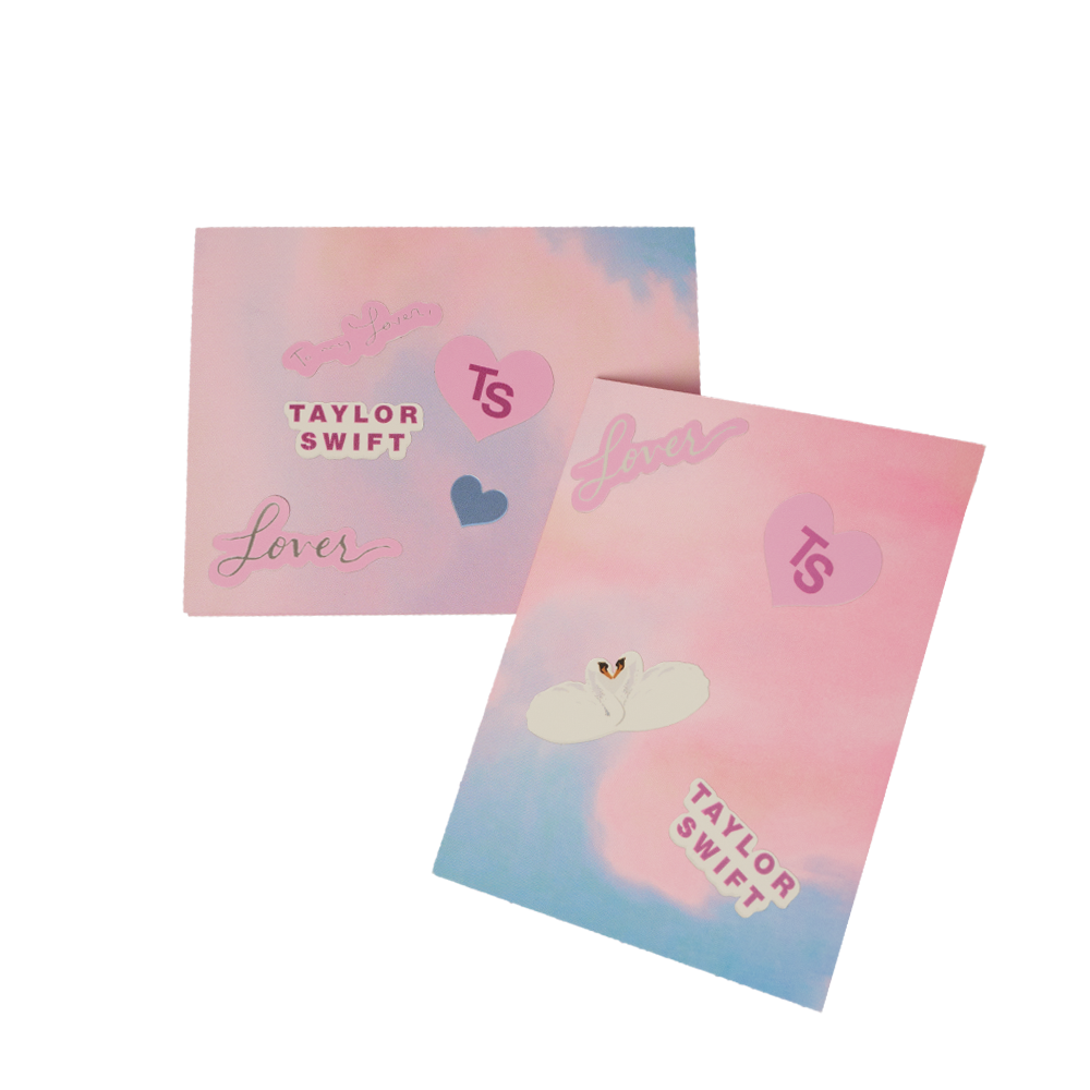 Set of 4 customizable greeting cards with Lover album cloud print on inside and outside with blue, beige and pink envelopes. Sticker set included featuring "Taylor Swift" logo, "Lover" album logo, "TS" logo, "You're My My My My Lover" song lyrics, "To my lover" song lyrics, "heart" and swans individual patches.