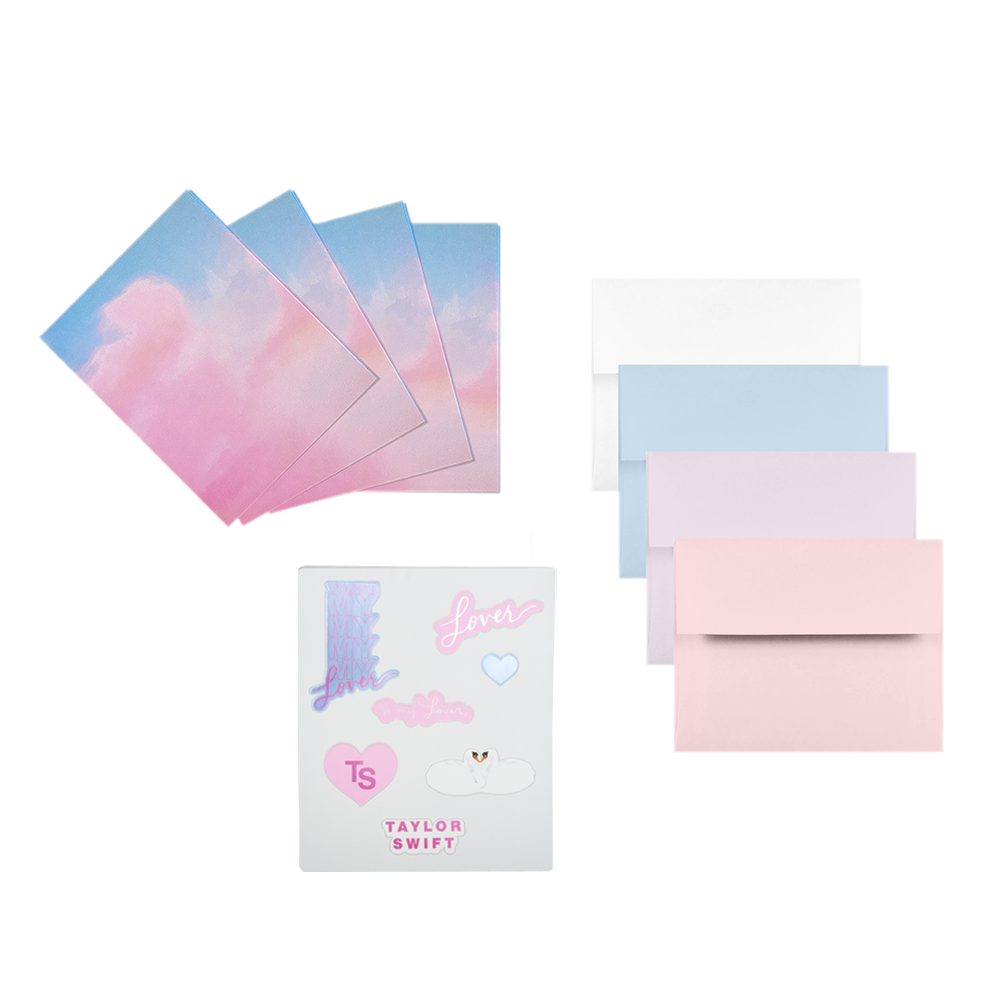 Set of 4 customizable greeting cards with Lover album cloud print on inside and outside with blue, beige and pink envelopes. Sticker set included featuring "Taylor Swift" logo, "Lover" album logo, "TS" logo, "You're My My My My Lover" song lyrics, "To my lover" song lyrics, "heart" and swans individual patches.