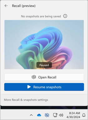 Screenshot of the resume snapshot option for Recall.