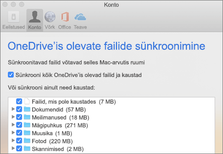 Kaustade sünkroonimise dialoogiboks OneDrive’is Maci versioonis