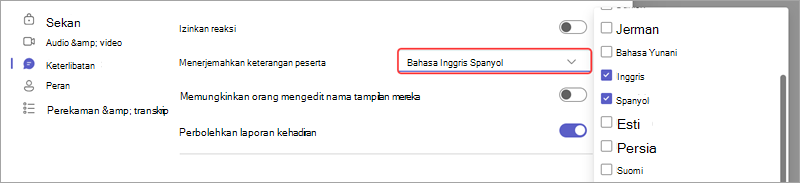 Opsi Rapat memperlihatkan cara menambahkan bahasa untuk keterangan terjemahan langsung dalam acara.