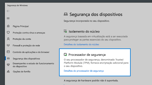 Ligação para os detalhes do processador de segurança