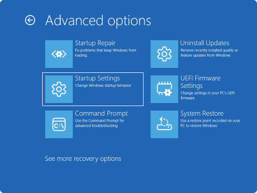 Captura de ecrã a mostrar o Windows RE – opções avançadas.