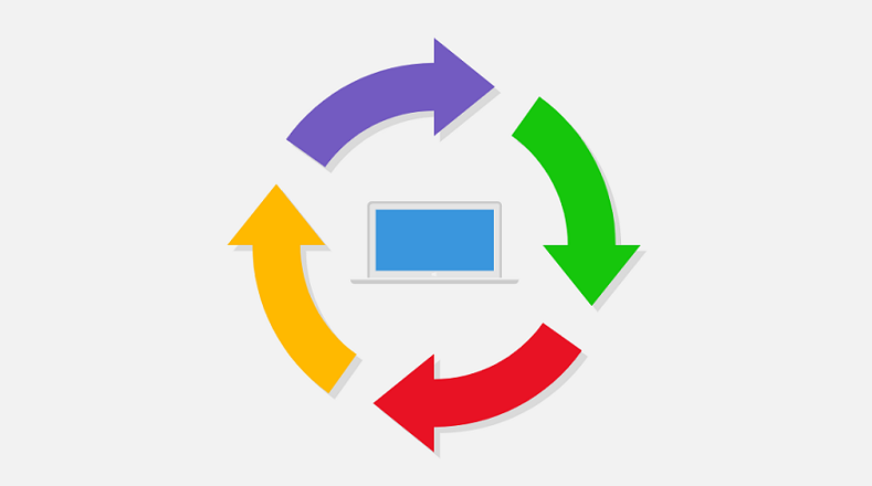 Símbolo de PC com setas circulares coloridas ao seu redor