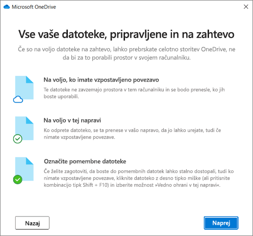 Zaslon »Datoteke na zahtevo« v čarovniku »Dobrodošli v storitvi OneDrive«