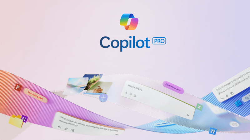 Copilot logotip preduzeća okružen šarenim trakama