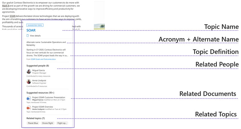 Diagram som visar egenskaperna för ett ämne i Viva Topics