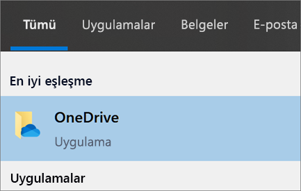 Windows 10’da OneDrive masaüstü uygulamasını aramanın ekran görüntüsü