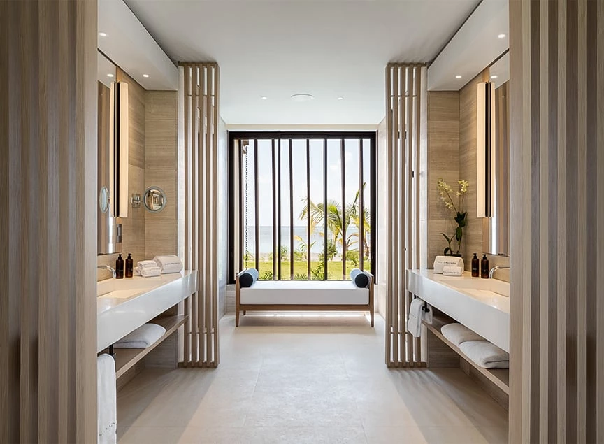 a bathroom with a large window