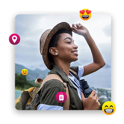 Women tipping her hat while taking in an island landscape.