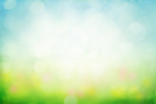 Sunny spring meadow blur background, blue sky to green grass gradient