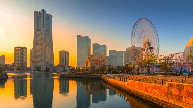 4k time lapse of Yokohama city skyline in Japan at sunet timelapse, Japan 