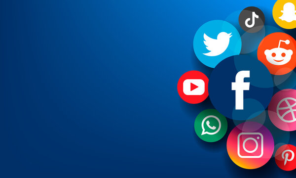 Social media concept icons and logos facebook, instagram, twitter, youtube on blue background.