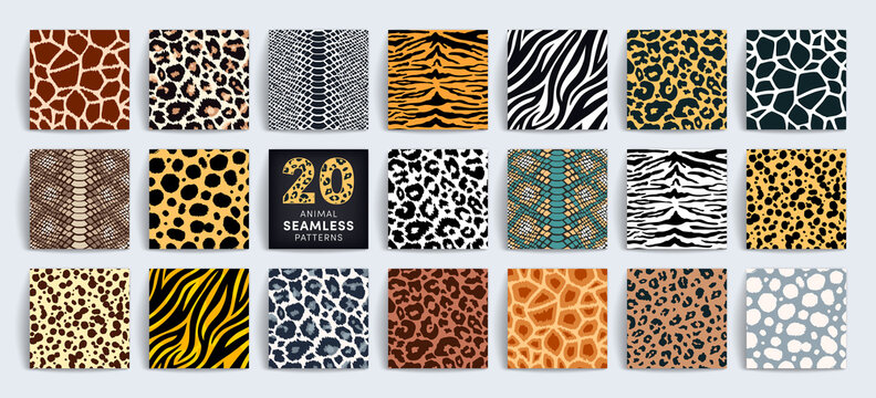 Wild safari animal seamless pattern collection. Vector leopard, cheetah, tiger, giraffe, zebra, snake skin texture set for fashion print design, fabric, textile, wrapping paper, background, wallpaper