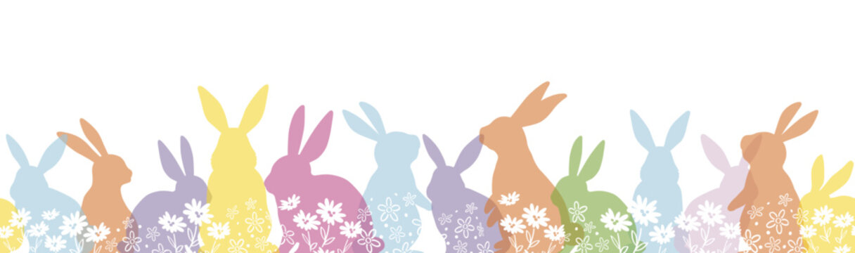 Happy Easter Vector Seamless Background With Colorful Easter Bunny Silhouette Isolated On A White Background. Horizontally Repeatable. 