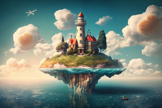 A Fantasy-inspired Floating Island with a Modern Twist, Overlooking a Scenic Blue Sky and Clouds Background - Generative Ai