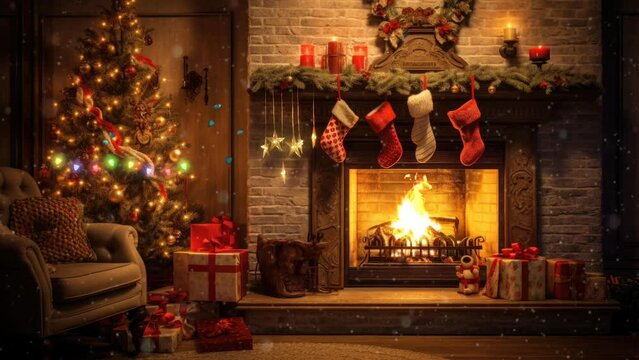 fireplace with christmas decorations. seamless looping time-lapse virtual video animation background.