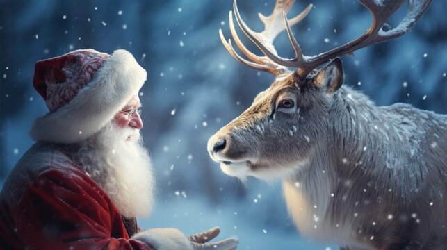 Photo of Santa Claus and a reindeer in a snowy landscape created with Generative AI technology