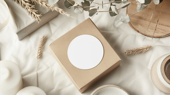 Round sticker mockup on gift box.