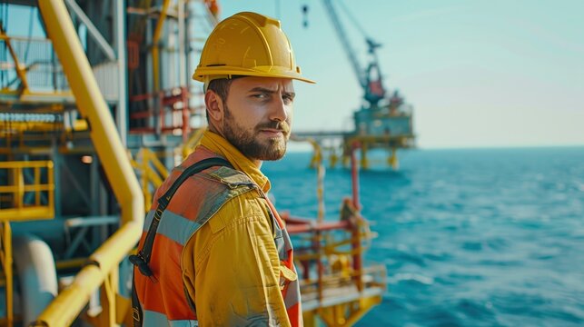 Half body photo of handsome male worker in professional clean brand new workwear working on the exploration of petroleum in the sea, bright daylight