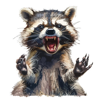 angry cartoon raccoon in watercolor painting style