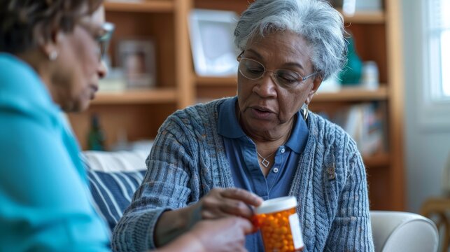 Satisfied elderly woman takes medicine while her caretaker gives advice on how to use it. Medicine for the elderly, nursing homes, home health care