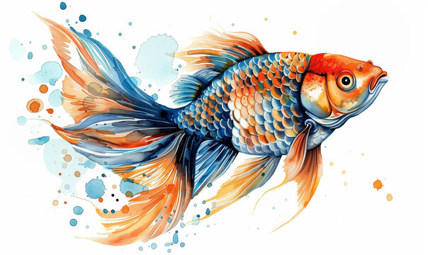 Vibrant fish illustration with artistic watercolor splash