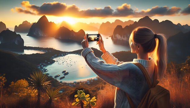 Female tourist takes photos of mountains ocean and sunset sky with her smartphone during vacation