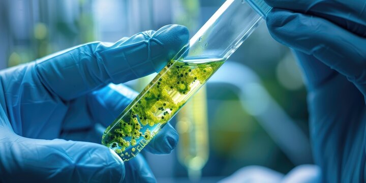 Scientist holding a sample of bacteria in a test tube conducting medical research and healthcare study Doctor wearing gloves examining a legionella sample up close as part of a scientific e