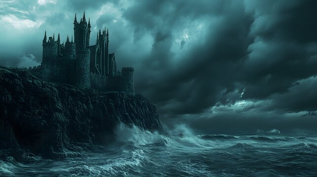 Stormy ocean dark gothic castle perched on cliff moody dramatic deep shadows high contrast intricately detailed 3D architecture