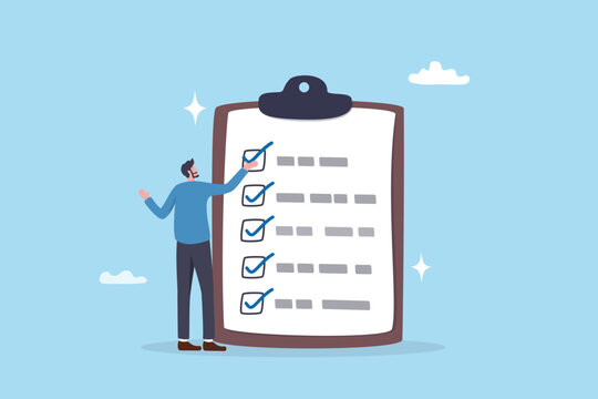 Complete checklist or finishing checkbox, task done within deadline, complete tasks list or project, approval or achievement concept, businessman put tick on complete checklist on paper clipboard.