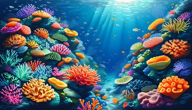 Vibrant underwater paradise showcasing colorful coral reefs and diverse marine life in a stunning illustration