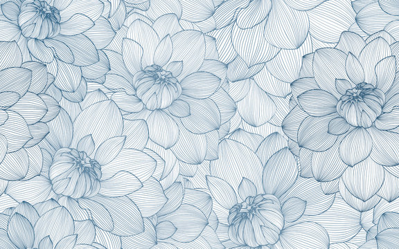 Seamless pattern with hand drawn dahlia flowers.