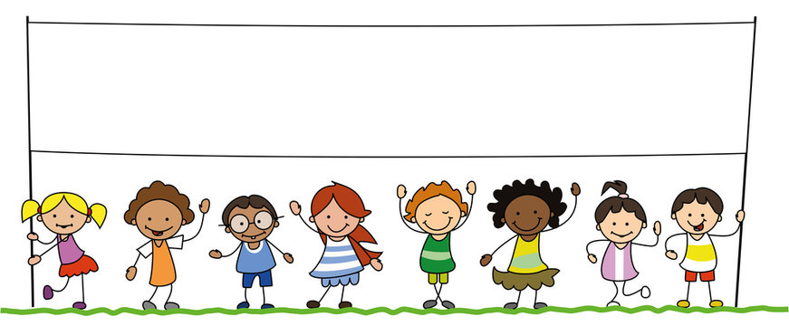 multiethnic group of kids holding blank banner illustration  