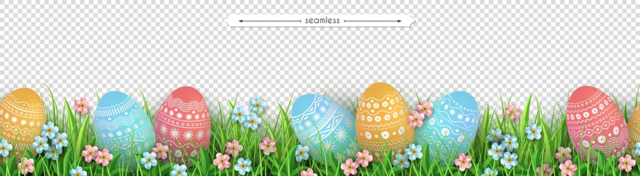 Easter eggs grass flowers seamless border Easter design