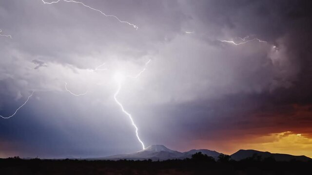 Epic thunderstorm moving clouds at night with lightning seamless loop. Realistic black storm sky timelapse with powerful flashes and lights. Force of nature and dark environment looping 3D animation (