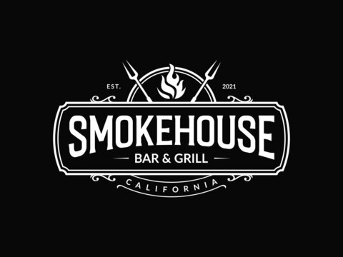 Vintage smokehouse bbq barbecue barbeque bar and grill logo design with fork and fire