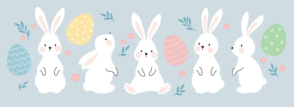 White Easter bunny rabbits in different poses and pastel Easter eggs vector illustration.