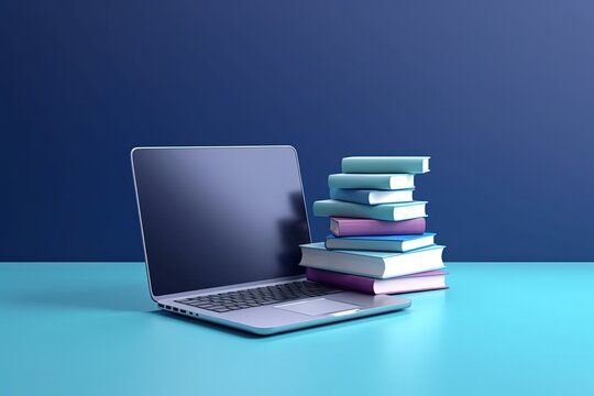 Laptop and books illustration, technology and knowledge concept, blue background. Generative AI