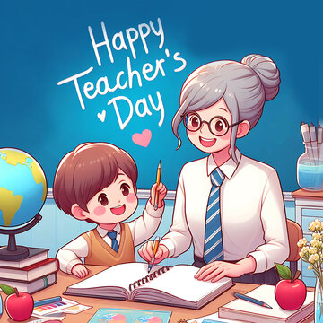 A female teacher is sitting on a chair and teaching a student at a table. Happy Teachers' Day