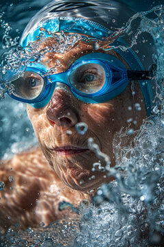 Elderly woman swimming underwater with goggles. Generative AI image