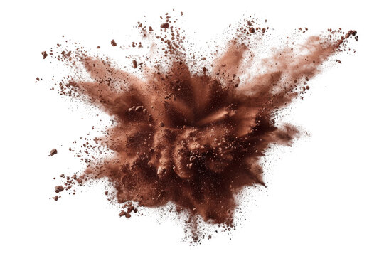 Explosion splash of ground coffee or cocoa powder with freeze isolated on background, pile of splatter of coffee grind dust powder, brown shattered beans.