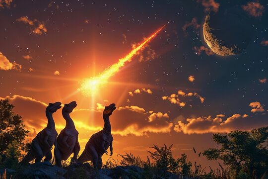 dinosaurs gazing at comet hurtling towards earth highresolution outdoor scene