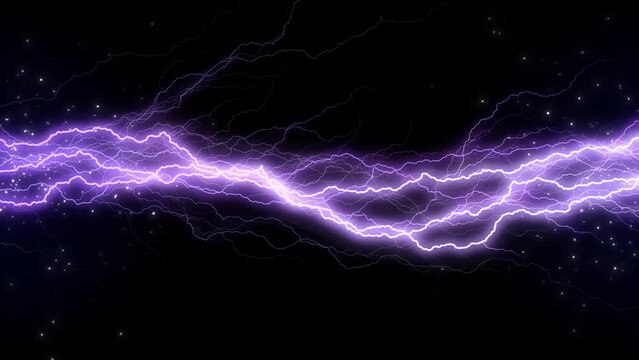 Glowing Lightning Thunderbolt Graphic Element Loop Overlay. Bright lightning striking through the center of the screen with sparks flying around the edges. Electrical shock and flashes, zap blast