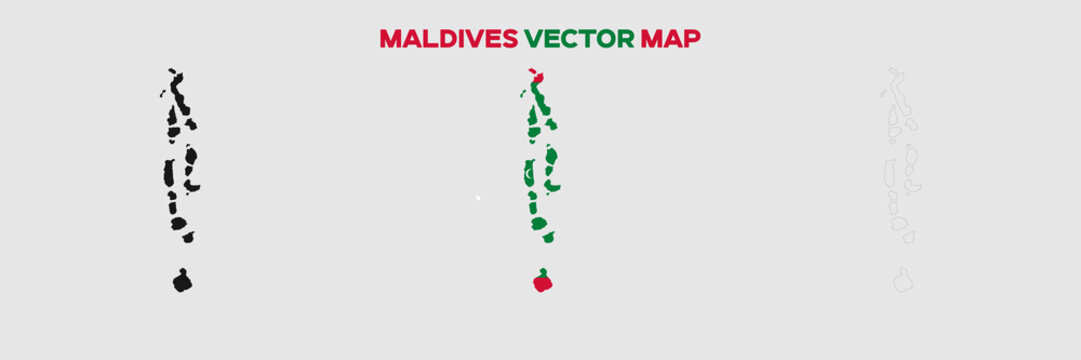 Maldives Map Vector Pack. Map with Flag. Gray Map Silhouette. Gray Outline Map. Editable EPS file. 