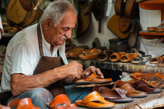 Shoemaker working in a shoe shop in Essaouira, Morocco